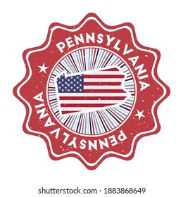 Pennsylvania round grunge stamp with US state map and country flag. Vintage badge with circular text and stars, vector illustration.