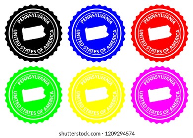 Pennsylvania - rubber stamp - vector, Pennsylvania (United States of America) map pattern - sticker - black, blue, green, yellow, purple and red 