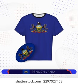 Pennsylvania rugby jersey with rugby ball of Pennsylvania on abstract sport background. Jersey design.