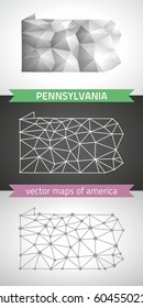 Pennsylvania set of grey and silver mosaic 3d polygonal maps.  Graphic vector triangle geometry outline shadow perspective maps