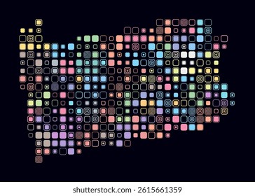 Pennsylvania, shape of the state built of colored cells. Digital style map of Pennsylvania on a dark background. Large size rounded square blocks. Classy vector illustration.