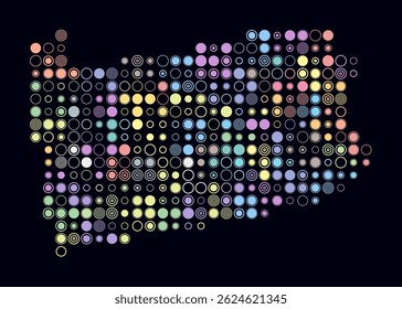 Pennsylvania, shape of the state built of colored cells. Digital style map of Pennsylvania on a dark background. Large size circle blocks. Beautiful vector illustration.