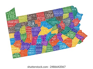 Pennsylvania shape. State word cloud with county division. Pennsylvania colored illustration. County names cloud. Vector illustration.