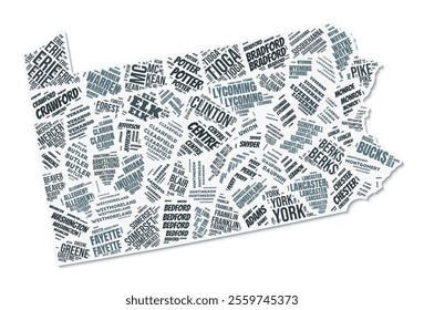 Pennsylvania shape text cloud. State border with shadow on white background. Pennsylvania with counties division in vintage gazette style. Amazing vector illustration.