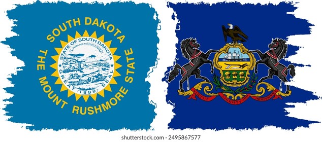 Pennsylvania and South Dakota states grunge brush flags connection, vector