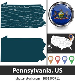 Pennsylvania State With Counties And Location On American Map. Vector Image