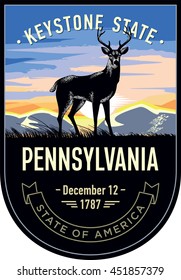 Pennsylvania state emblem, deer, sunrise on a dark background