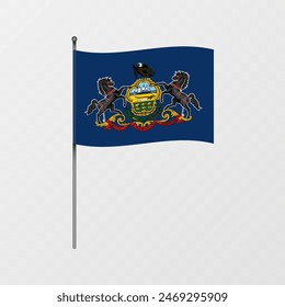 Pennsylvania state flag on flagpole. Vector illustration.