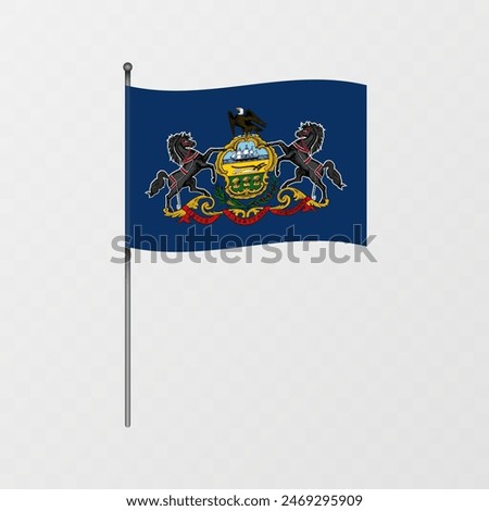 Pennsylvania state flag on flagpole. Vector illustration.