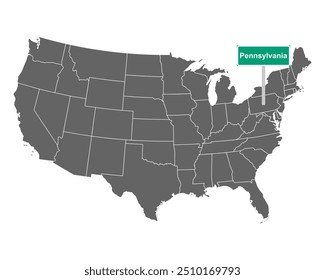 Pennsylvania state limit sign and map of USA on white