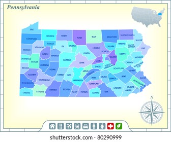 Pennsylvania State Map with Community Assistance and Activates Icons Original Illustration