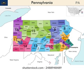 Pennsylvania state map with counties borders and colored congressional districts boundaries due to The 2020 United States census and which is valid since 2023. Flag of Pennsylvania. Vector