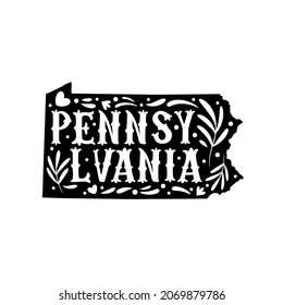 Pennsylvania state map with doodle decorative ornaments. For printing on souvenirs and T-shirts