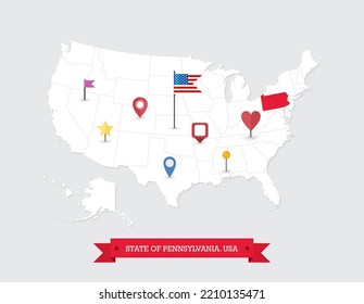 Pennsylvania State map highlighted on USA map. Pennsylvania map on United state of America with flag and navigation icons.
