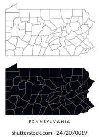 Pennsylvania state map of regions districts vector black on white and outline