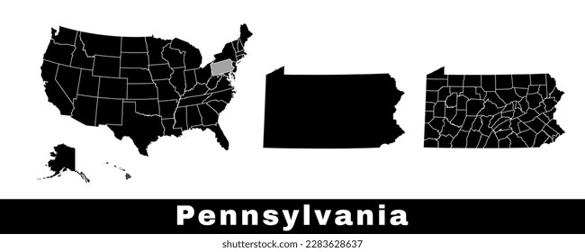 Pennsylvania state map, USA. Set of Pennsylvania maps with outline border, counties and US states map. Black and white color vector illustration.