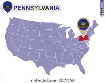 Pennsylvania State on USA Map. Pennsylvania flag and map. US States.