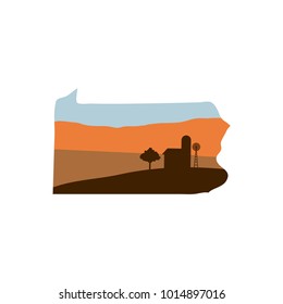 Pennsylvania State Shape w Farm at Sunset with Windmill, Barn, and a Tree