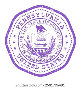 Pennsylvania state stamp with seal, USA travel stamp, shabby postmark of Pennsylvania, vector