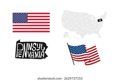 Pennsylvania State. USA flag. Map of the USA