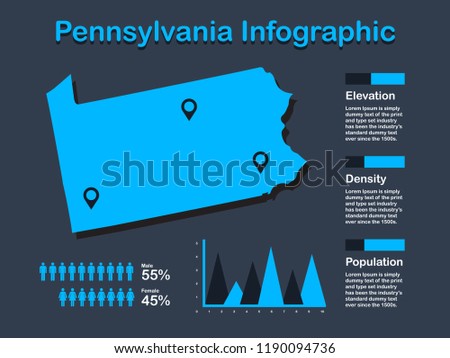 Pennsylvania State (USA) Map with Set of Infographic Elements in Blue Color in Dark Background. Modern Information Graphics Element for your design.