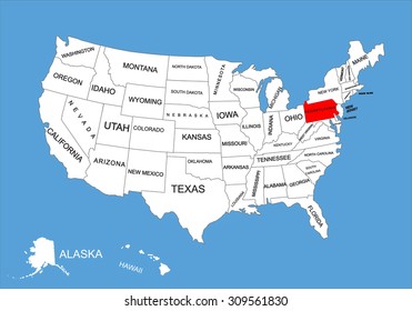 Pennsylvania State, USA, vector map isolated on United states map. Editable blank vector map of USA.