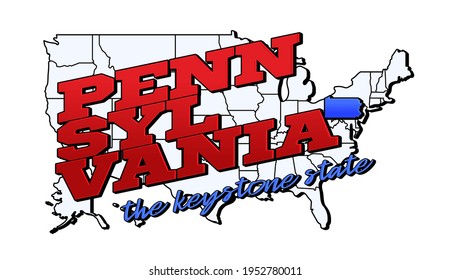 pennsylvania state. Vector illustration with US pennsylvania state on american map with lettering. Touristic Greeting Card isolated on white