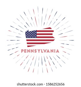 Pennsylvania sunburst badge. The us state sign with map of Pennsylvania with American flag. Colorful rays around the logo. Vector illustration.