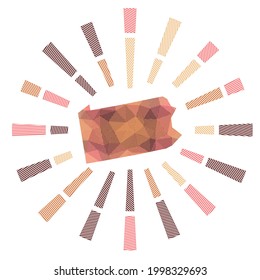 Pennsylvania sunburst. Low poly striped rays and map of the US state. Cool vector illustration.