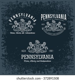 Pensilvania tres emblemas estilizados estado de América, negro, Ilustración vectorial vintage