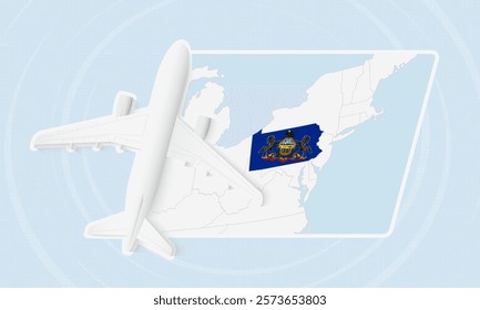 Pennsylvania Travel Illustration with Plane and National Flag. Ideal for travel agencies, promotional materials, or geographic content related to Pennsylvania.