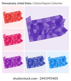 Pennsylvania, United States. Map collection. State shape. Colored counties. Deep Purple, Red, Pink, Purple, Indigo, Blue color palettes. Border of Pennsylvania with counties. Vector illustration.