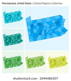 Pennsylvania, United States. Map collection. State shape. Colored counties. Light Blue, Cyan, Teal, Green, Light Green, Lime color palettes. Border of Pennsylvania with counties. Vector illustration.