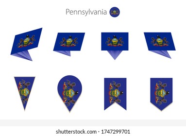 Pennsylvania US State flag collection, eight versions of Pennsylvania vector flags. Vector illustration.