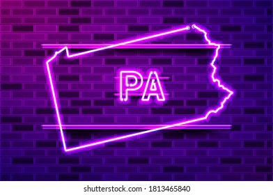 Pennsylvania US state glowing neon lamp sign. Realistic vector illustration. Purple brick wall, violet glow, metal holders.