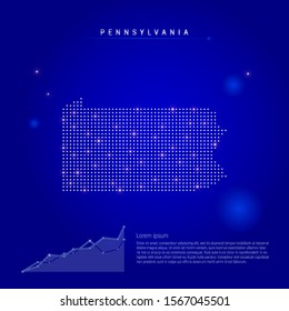 Pennsylvania US state illuminated map with glowing dots. Infographics elements. Dark blue space background. Vector illustration. Growing chart, lorem ipsum text.