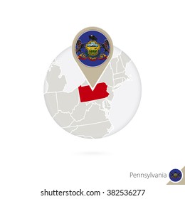 Pennsylvania US State map and flag in circle. 