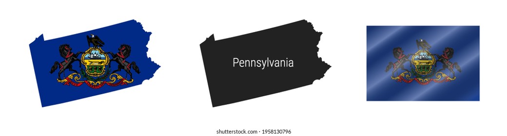 Pennsylvania US state map with masked flag. Detailed silhouette. Waving flag. Vector illustration isolated on white.