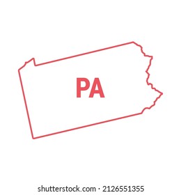Pennsylvania US state map red outline border. Vector illustration isolated on white. Two-letter state abbreviation. Editable stroke. Adjust line weight.