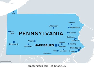 Estado da Pensilvânia, EUA, mapa político. Comunidade da Pensilvânia, estado no nordeste dos Estados Unidos da América com capital Harrisburg. Estado Keystone. Estado Quaker. Ilustração. Vetor