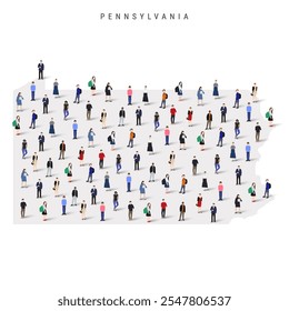 Pennsylvania US state population map. Large group of realistic a diverse crowd of people figures. Flat vector illustration isolated on white.