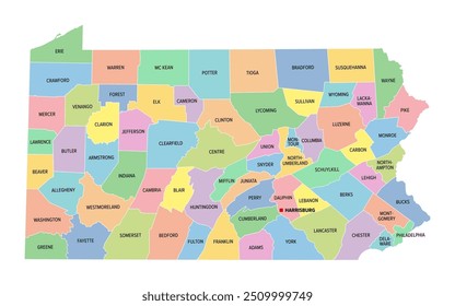 Pennsylvania, U.S. state, subdivided into 67 counties, multi colored political map with capital Harrisburg, and borders. State of the Mid-Atlantic and Northeastern USA, with nickname Keystone State.