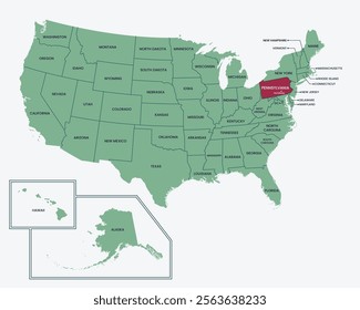 Pennsylvania, USA. Editable isolated blank vector map of United states, highlighted at state of Pennsylvania.