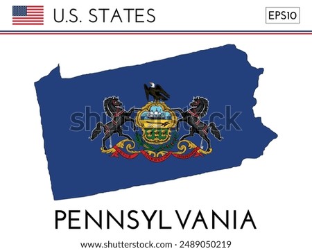 Pennsylvania USA state map shape with flag. Map of Pennsylvania in the Pennsylvania flag colors. Outline map filled with its flag colors. Vector illustration.