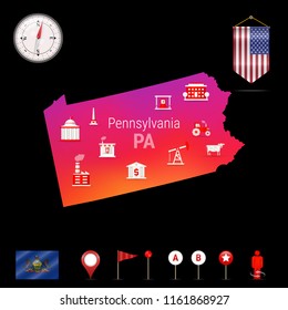 Pennsylvania Vector Map, Night View. Compass Icon, Map Navigation Elements. Pennant Flag of the United States. Vector Flag of Pennsylvania. Various Industries, Economic Geography Icons.