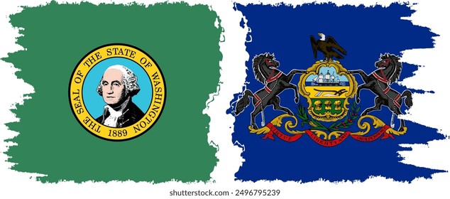 Pennsylvania and Washington states grunge brush flags connection, vector