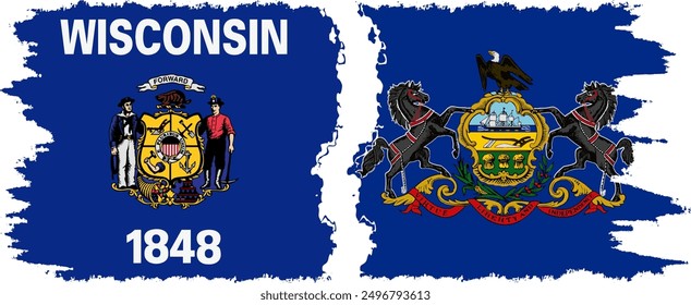 Pennsylvania and Wisconsin states grunge brush flags connection, vector