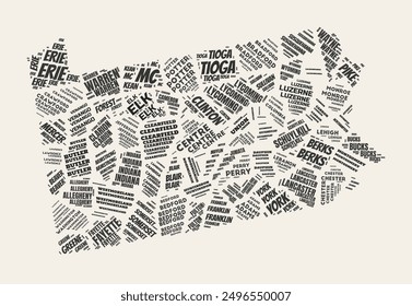 Pennsylvania Word Cloud. State with counties division. Pennsylvania typographic text clouds vector image design. Vintage gazette style state shape image. Amazing vector illustration.