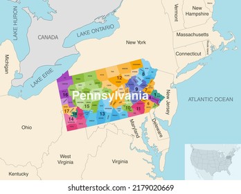 Pennsylvania's congressional districts (2019–2023) vector map with neighbouring states and terrotories