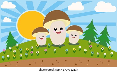 Penny bun mushroom cartoon character on the field with daisy flower, christmas tree and the rising sun on the background. 
